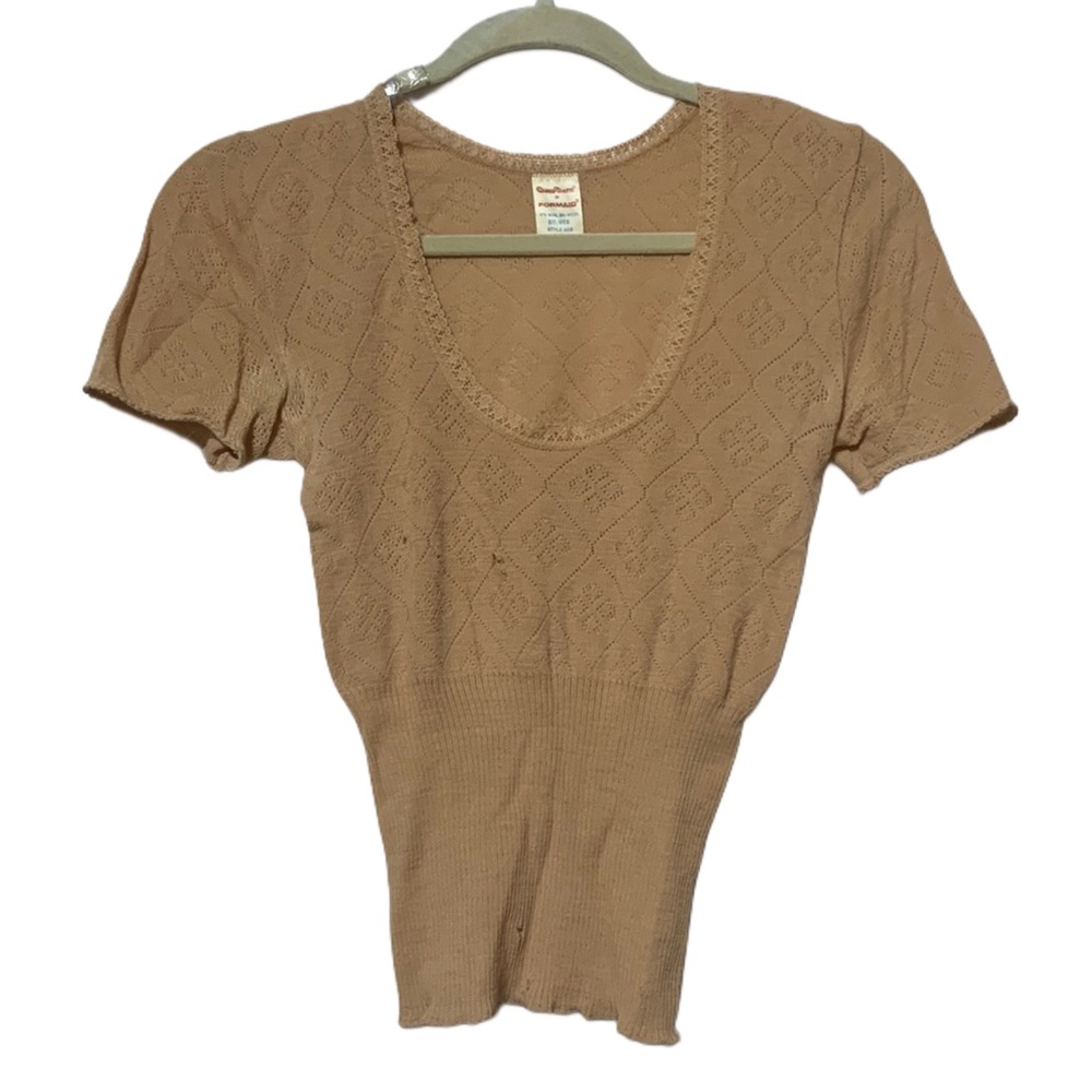 🌹FREE w/purchase Vintage wool Tan Knit Blouse sweater lace trim - Picture 2 of 7